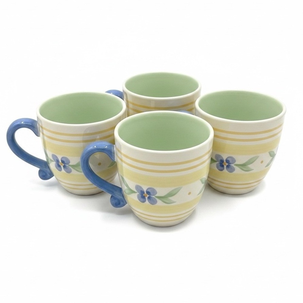 Pfaltzgraff Summer Breeze Coffee Mug Set 5 Blue Yellow Floral Ceramic Stripes